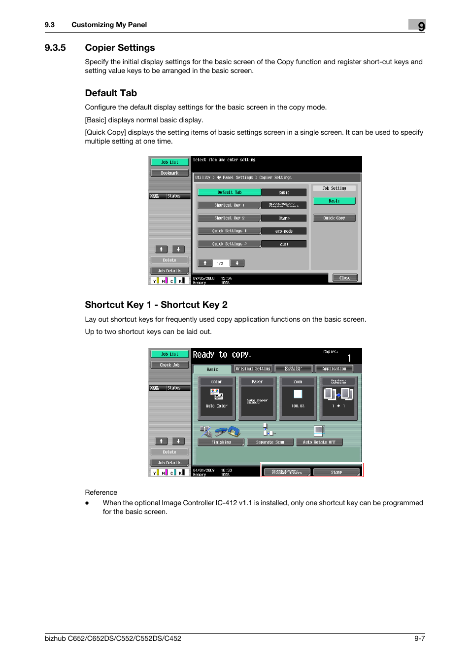 5 copier settings, Default tab, Shortcut key 1 - shortcut key 2 | Konica Minolta BIZHUB C652DS User Manual | Page 91 / 110