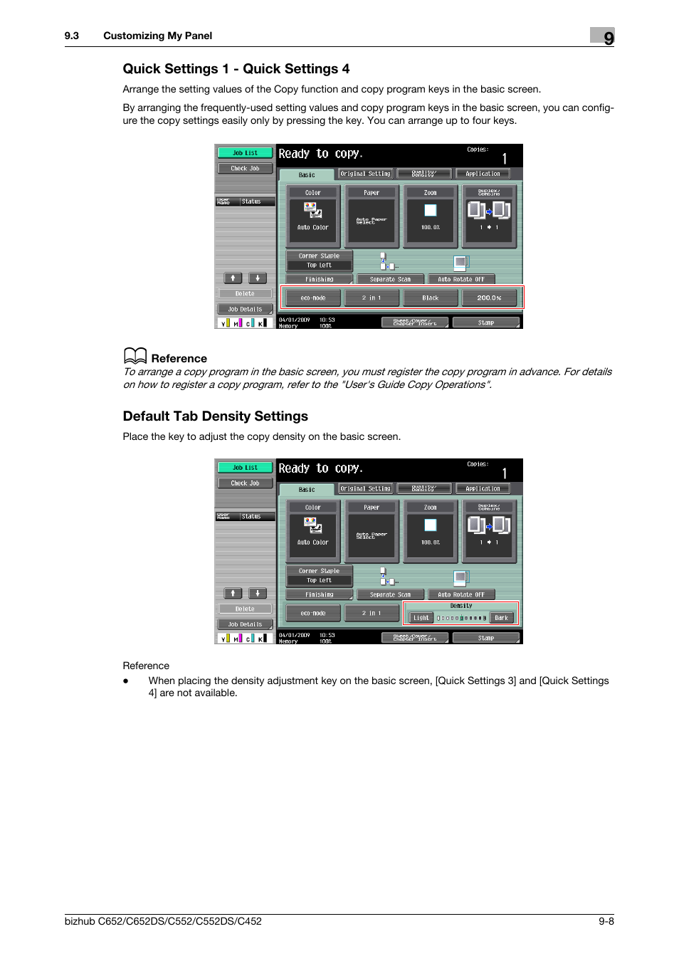 Quick settings 1 - quick settings 4, Default tab density settings | Konica Minolta BIZHUB C652DS User Manual | Page 92 / 110