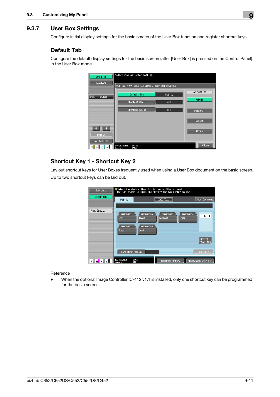 7 user box settings, Default tab, Shortcut key 1 - shortcut key 2 | Konica Minolta BIZHUB C652DS User Manual | Page 95 / 110