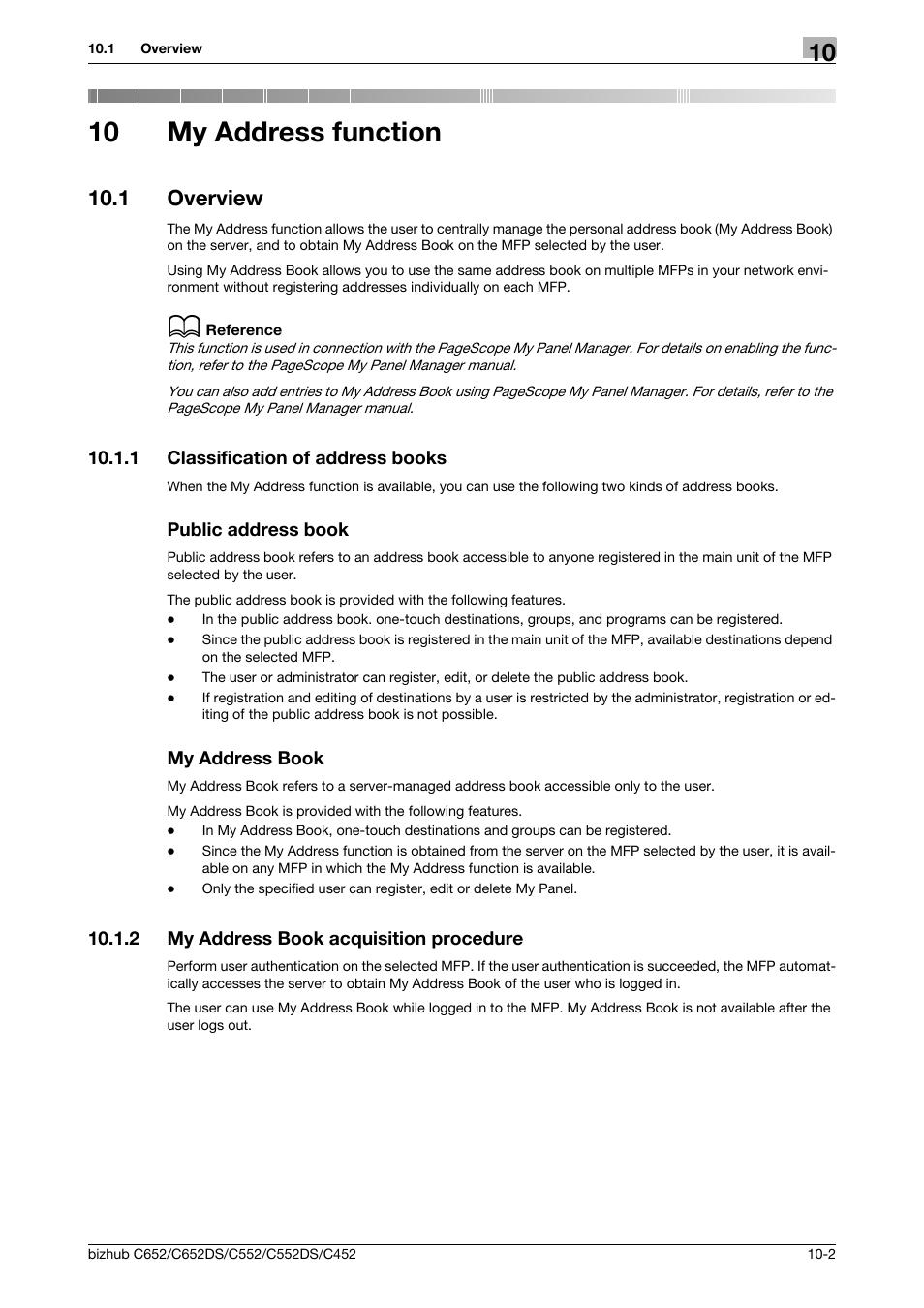 10 my address function, 1 overview, 1 classification of address books | Public address book, My address book, 2 my address book acquisition procedure, My address function, Overview -2, My address book acquisition procedure -2, P. 10-2 | Konica Minolta BIZHUB C652DS User Manual | Page 99 / 110