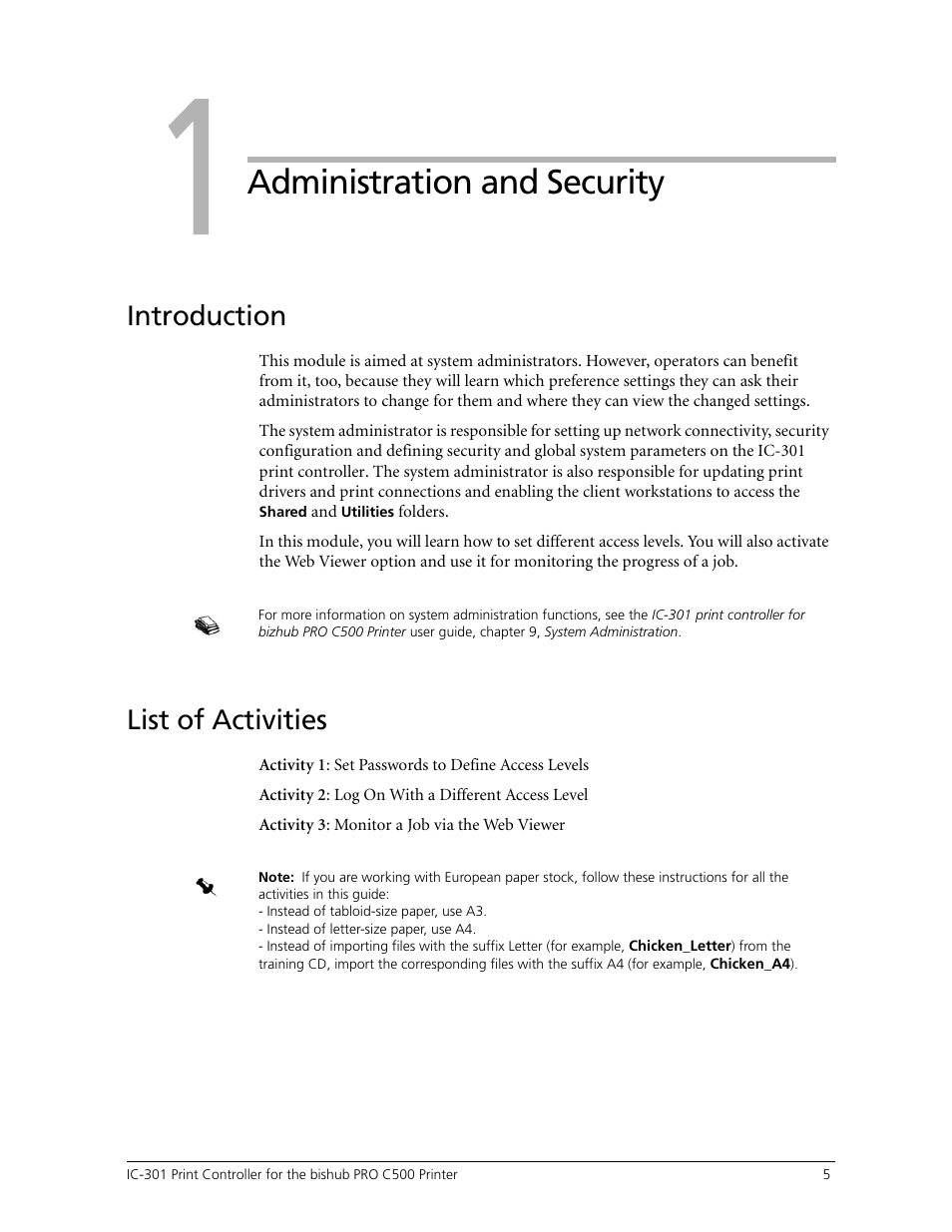 Administration and security, List of activities, Module 1: administration and security | Module, Introduction | Konica Minolta bizhub PRO C500 User Manual | Page 11 / 38