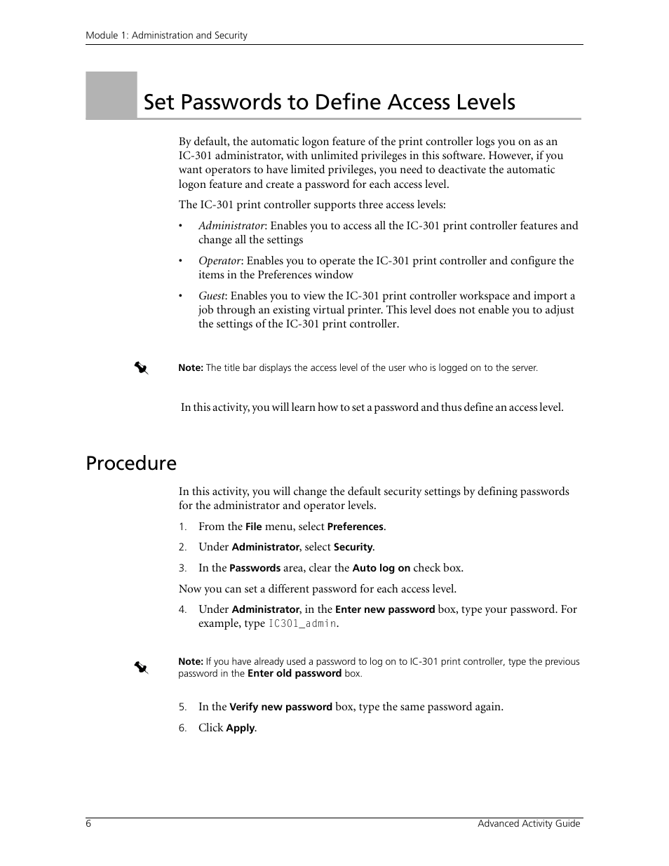 Set passwords to define access levels, Procedure, Activity 1: set passwords to define access levels | Konica Minolta bizhub PRO C500 User Manual | Page 12 / 38