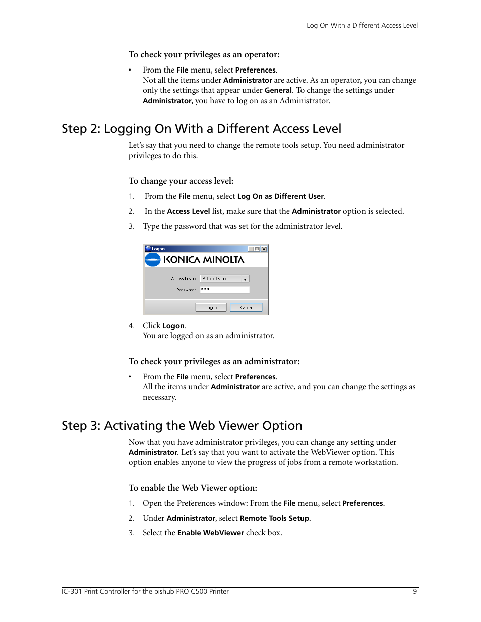 Step 2: logging on with a different access level, Step 3: activating the web viewer option | Konica Minolta bizhub PRO C500 User Manual | Page 15 / 38