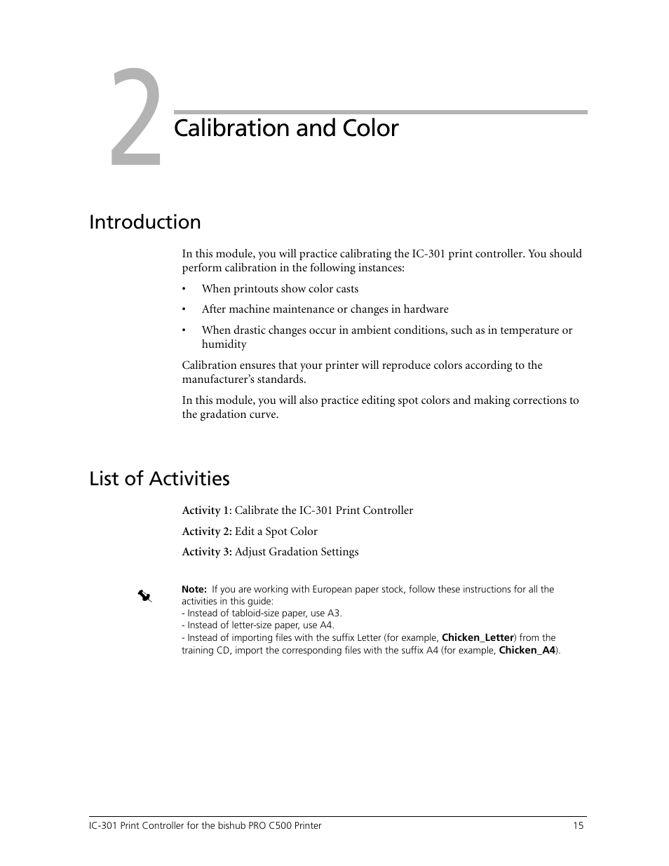 Calibration and color, List of activities, Module 2: calibration and color | Module, Introduction | Konica Minolta bizhub PRO C500 User Manual | Page 21 / 38