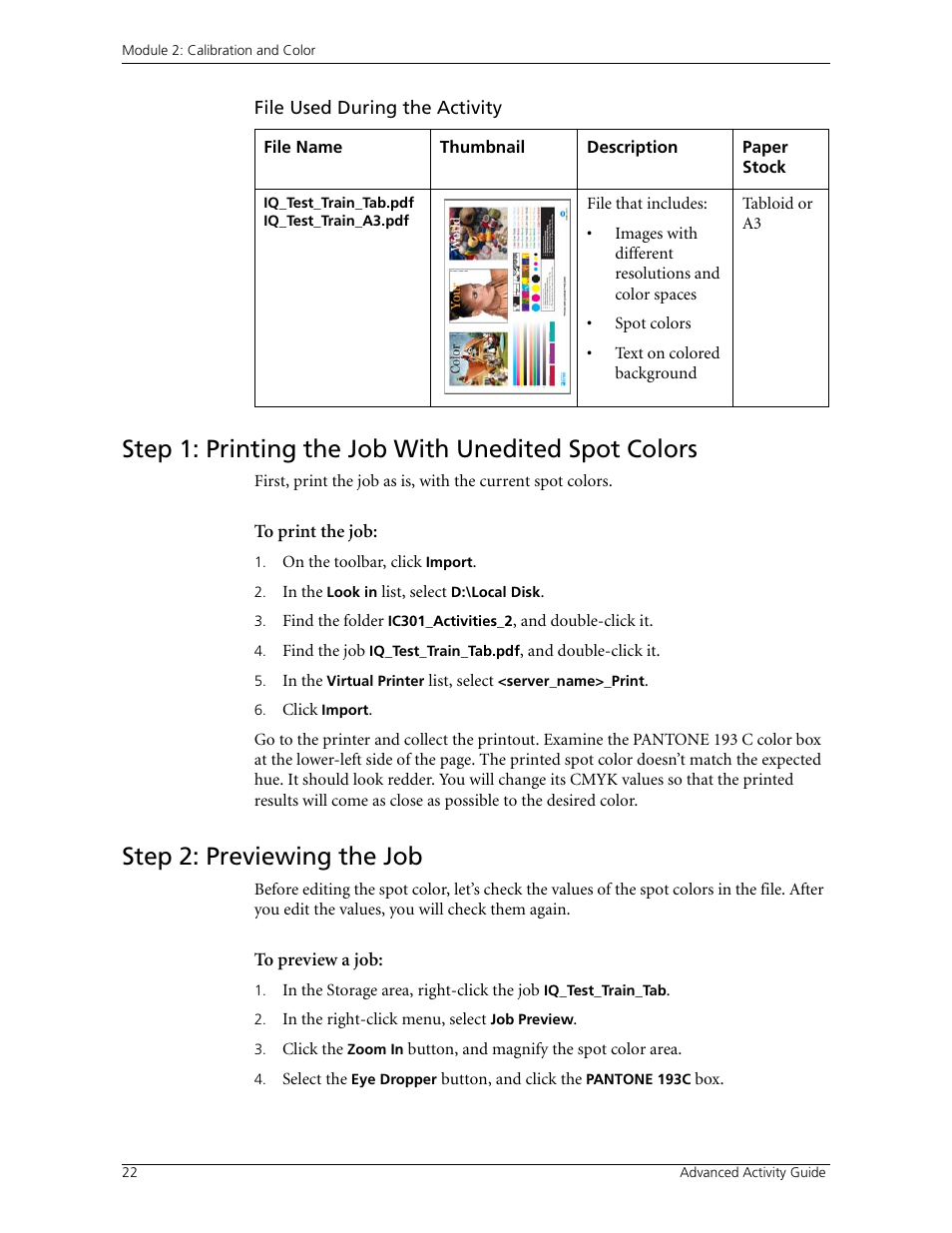 Step 1: printing the job with unedited spot colors, Step 2: previewing the job | Konica Minolta bizhub PRO C500 User Manual | Page 28 / 38