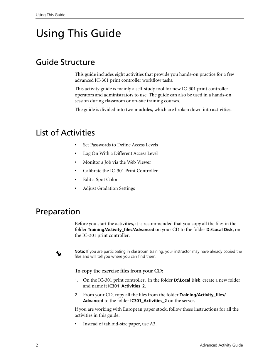 Using this guide, Guide structure, List of activities | Preparation, Guide structure list of activities preparation | Konica Minolta bizhub PRO C500 User Manual | Page 8 / 38