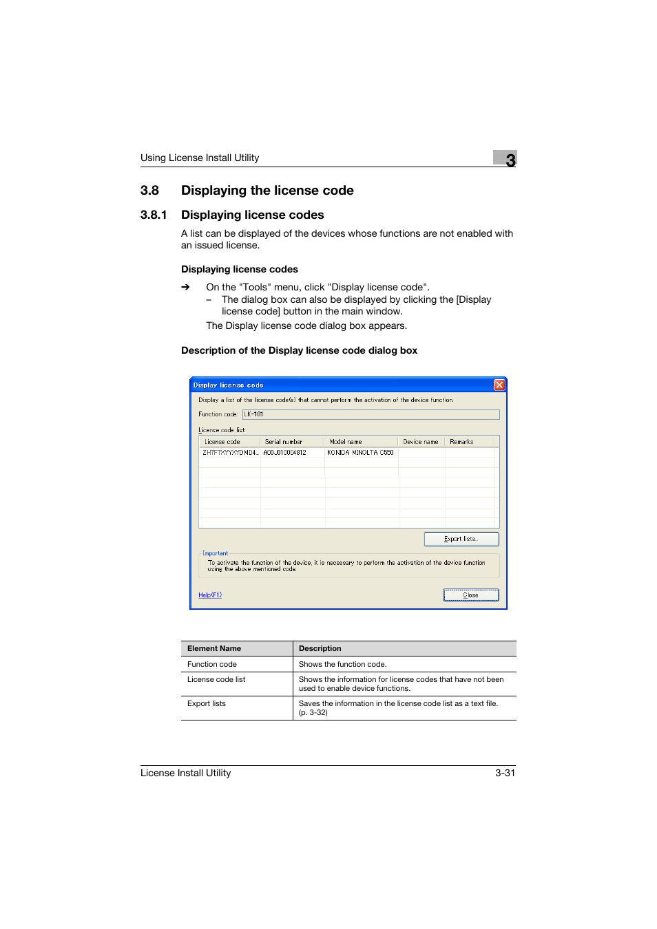 8 displaying the license code, 1 displaying license codes, Displaying license codes | Description of the display license code dialog box, Displaying the license code -31 | Konica Minolta bizhub C754 User Manual | Page 39 / 42