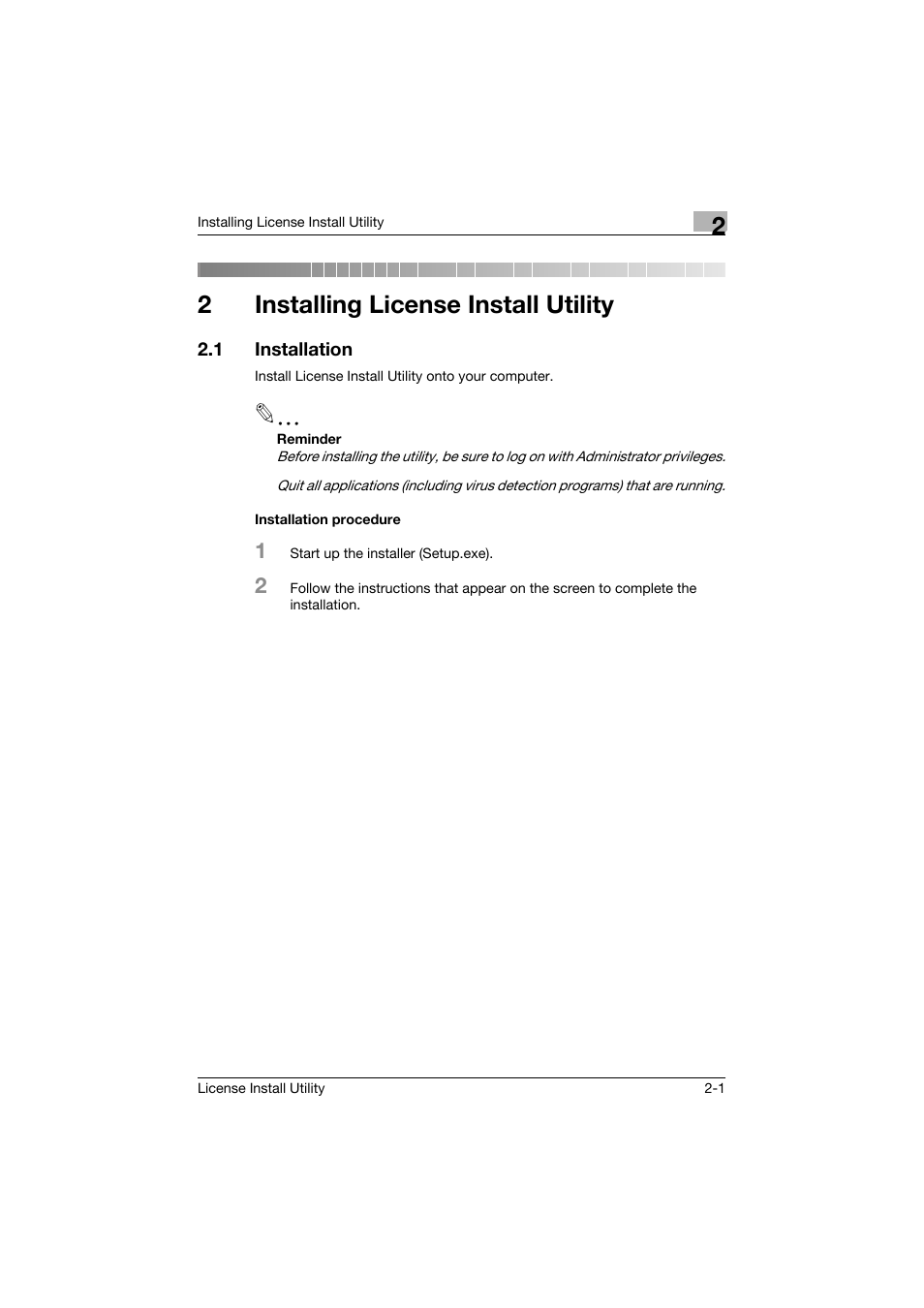 2 installing license install utility, 1 installation, Installation procedure | Installing license install utility, Installation -1, Installation procedure -1, 2installing license install utility | Konica Minolta bizhub C754 User Manual | Page 7 / 42