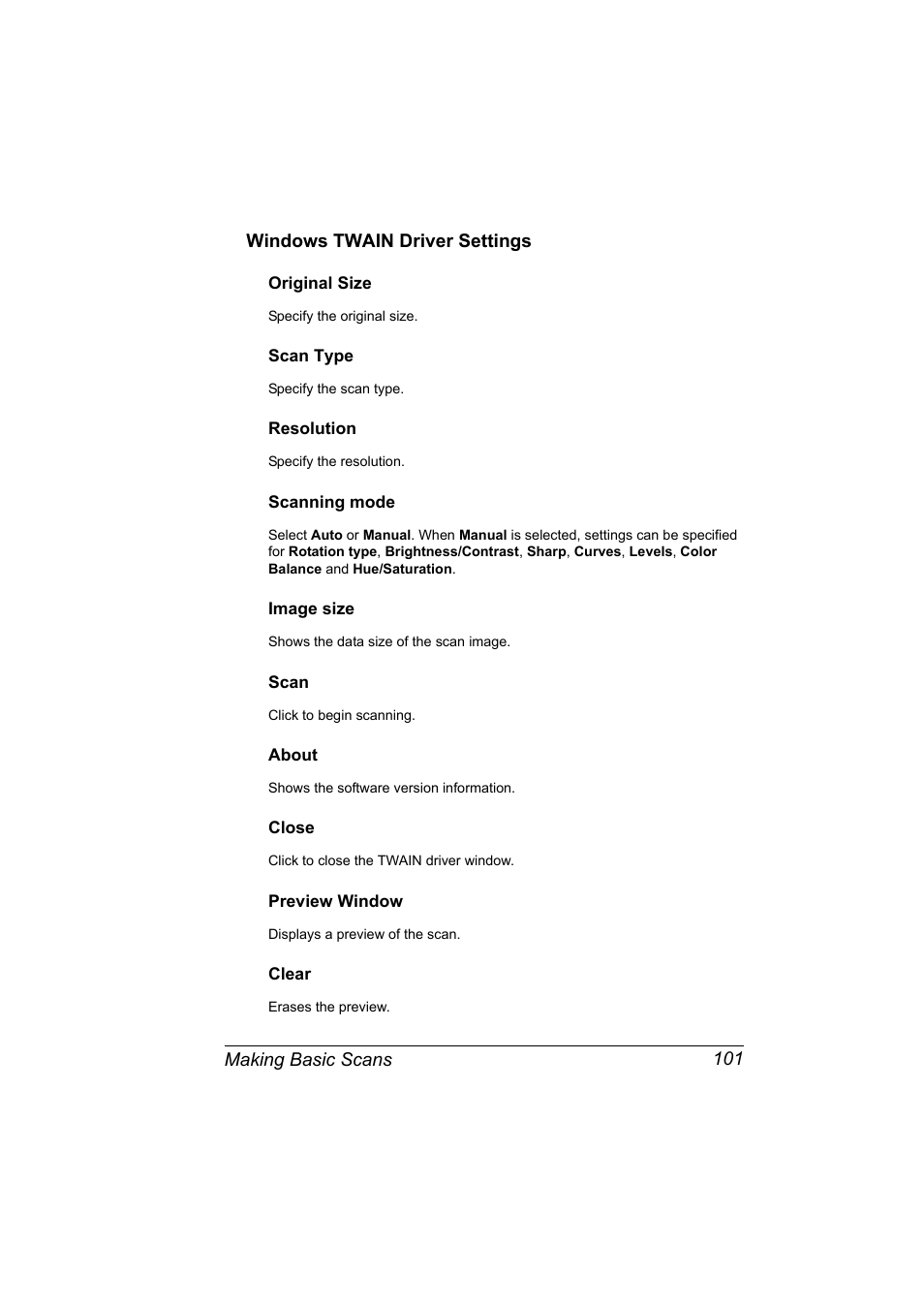 Windows twain driver settings, Original size, Scan type | Resolution, Scanning mode, Image size, Scan, About, Close, Preview window | Konica Minolta bizhub C10X User Manual | Page 115 / 236