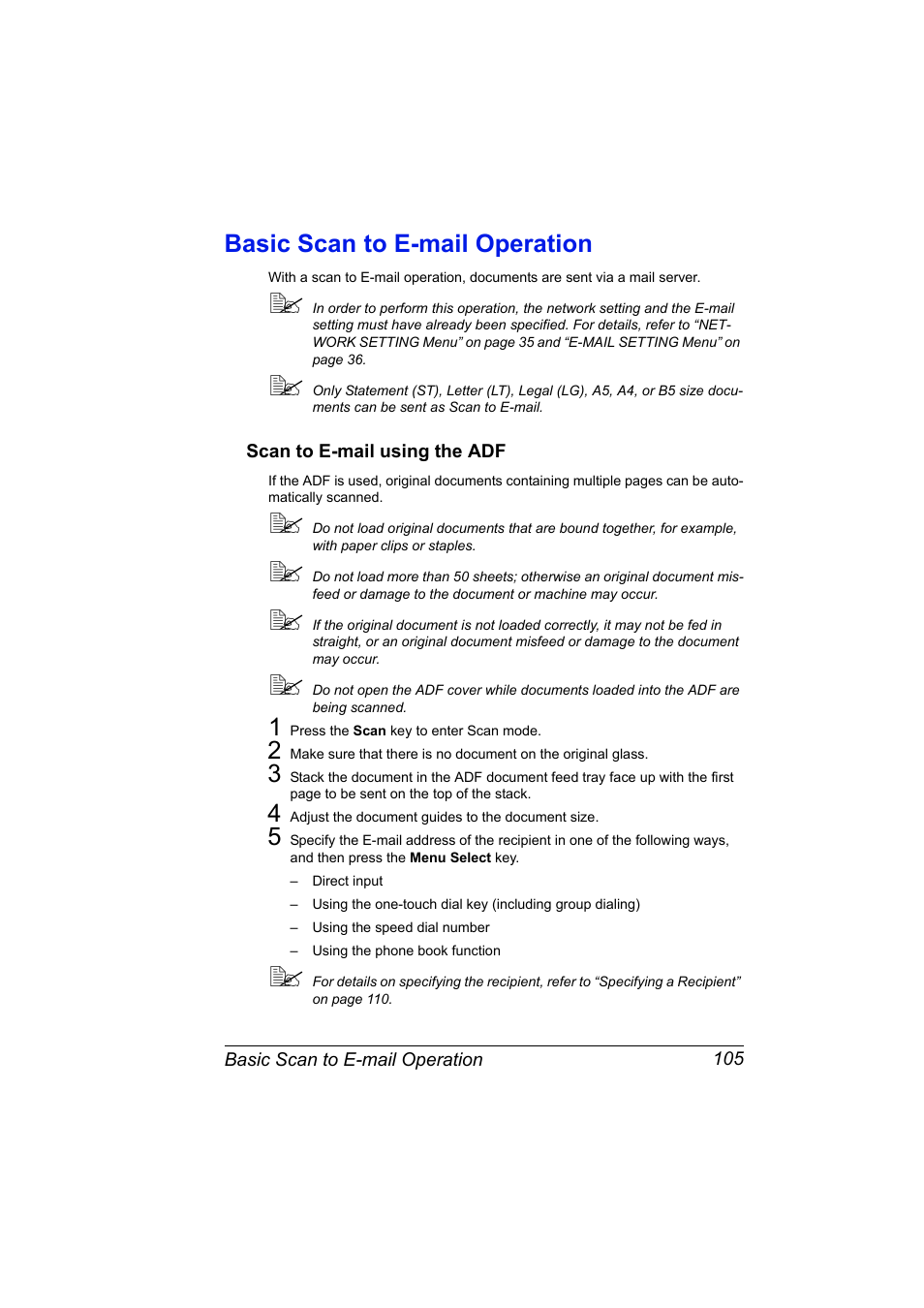 Basic scan to e-mail operation, Scan to e-mail using the adf, Basic scan to e-mail operation 105 | Scan to e-mail using the adf 105 | Konica Minolta bizhub C10X User Manual | Page 119 / 236