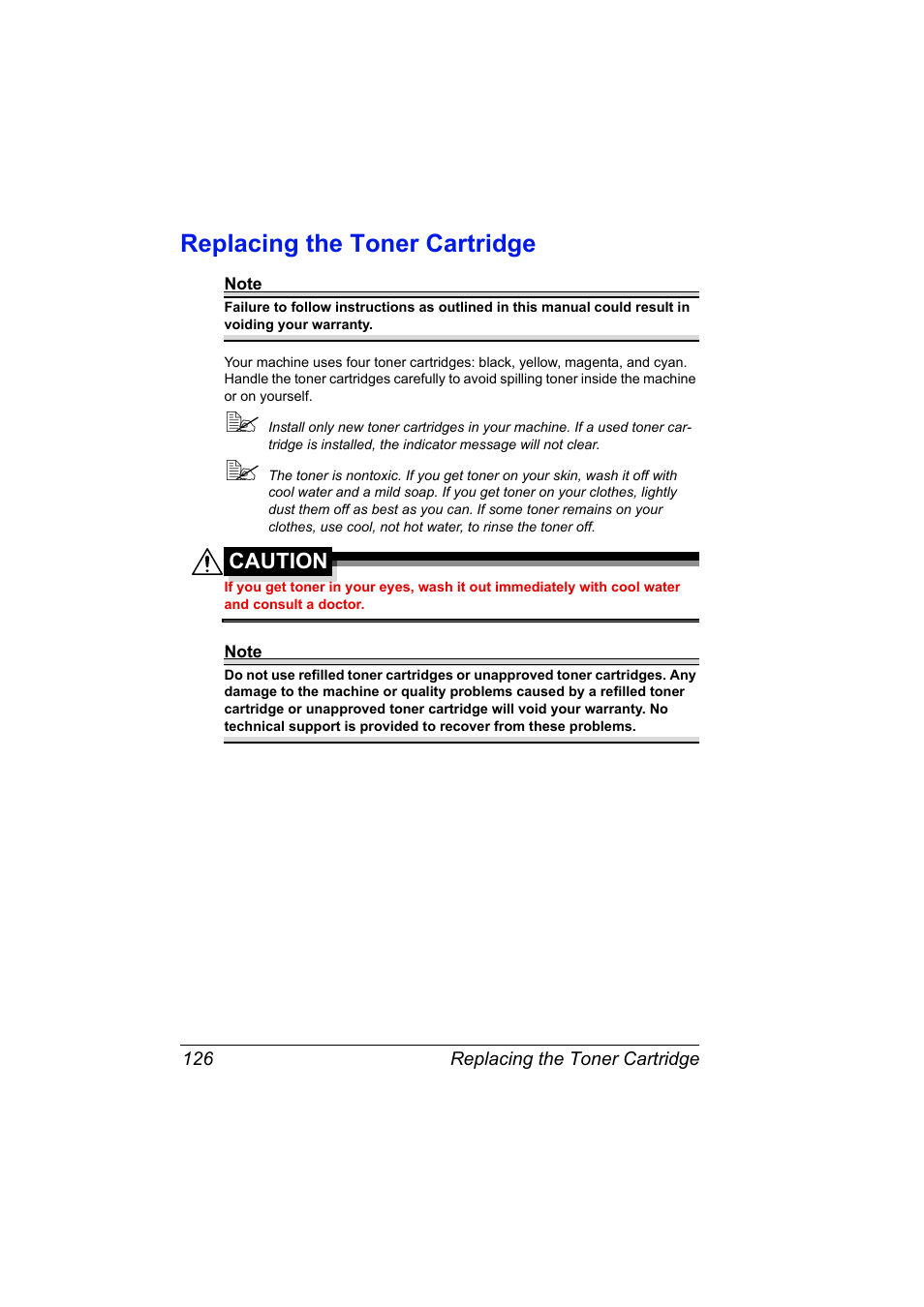 Replacing the toner cartridge, Replacing the toner cartridge 126, Caution | Konica Minolta bizhub C10X User Manual | Page 140 / 236