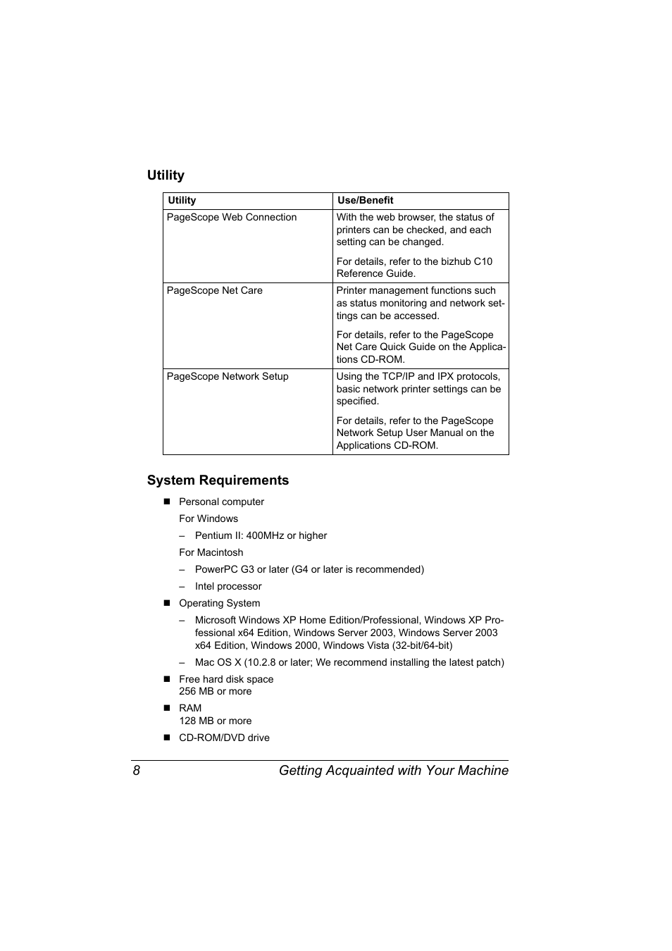 Utility, System requirements, Utility 8 system requirements 8 | Konica Minolta bizhub C10X User Manual | Page 22 / 236