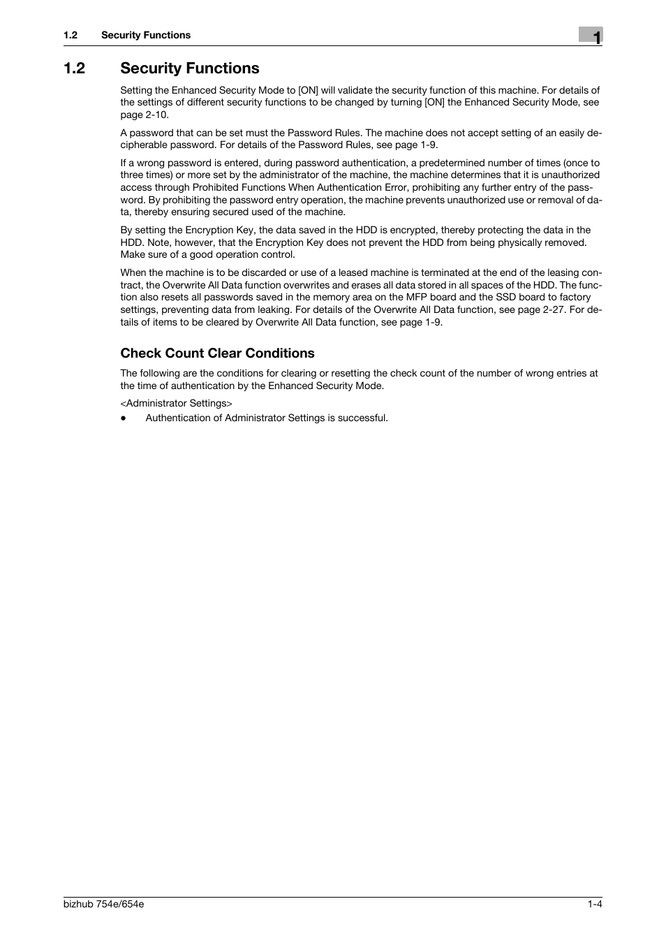 2 security functions, Check count clear conditions | Konica Minolta bizhub 654e User Manual | Page 7 / 58