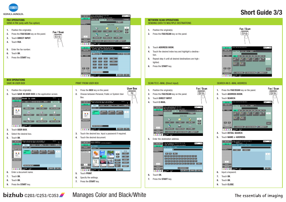 Bizhub-c203-c253-c353_poster_a3-3_en_1-0-0, Short guide 3/3, Manages color and black/white | Konica Minolta bizhub C353 User Manual | Page 3 / 3