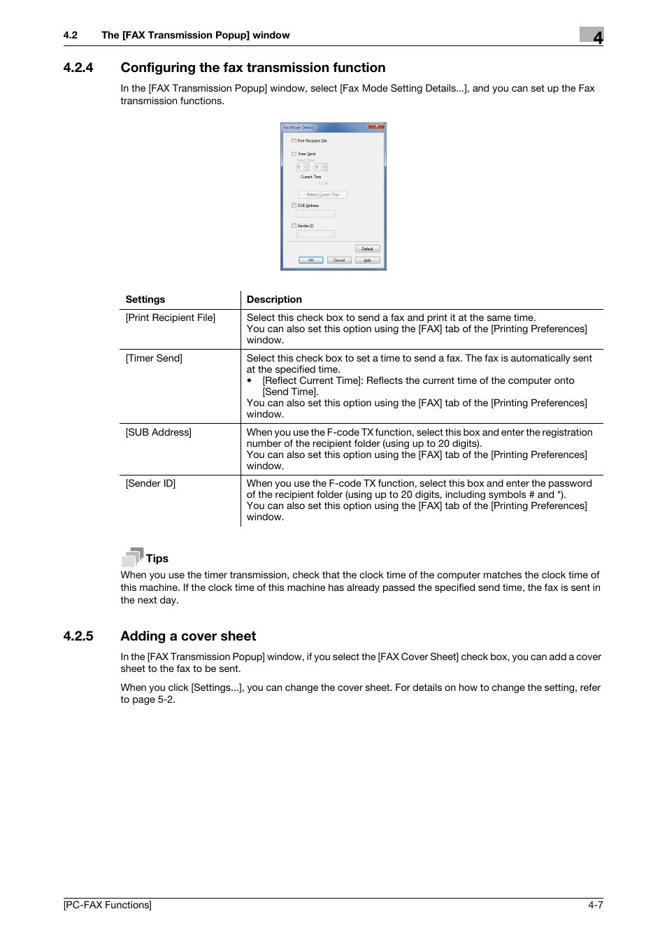 4 configuring the fax transmission function, 5 adding a cover sheet, Configuring the fax transmission function -7 | Adding a cover sheet -7 | Konica Minolta bizhub 4050 User Manual | Page 27 / 61