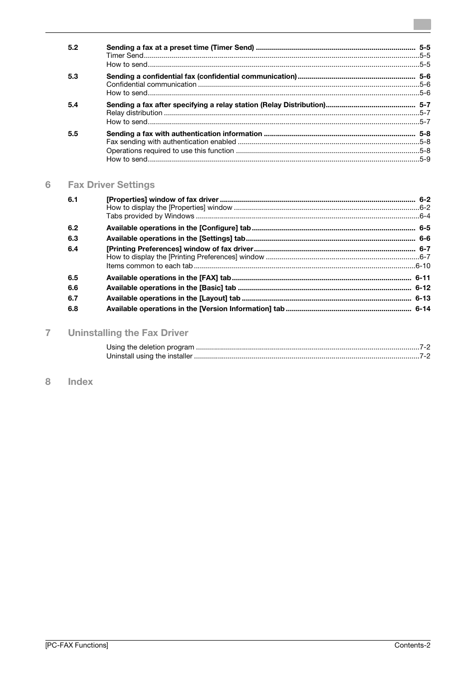 6fax driver settings, 7uninstalling the fax driver, 8index | Konica Minolta bizhub 4050 User Manual | Page 3 / 61