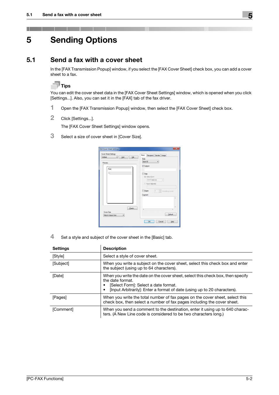 5 sending options, 1 send a fax with a cover sheet, Sending options | Send a fax with a cover sheet -2, 5sending options | Konica Minolta bizhub 4050 User Manual | Page 35 / 61