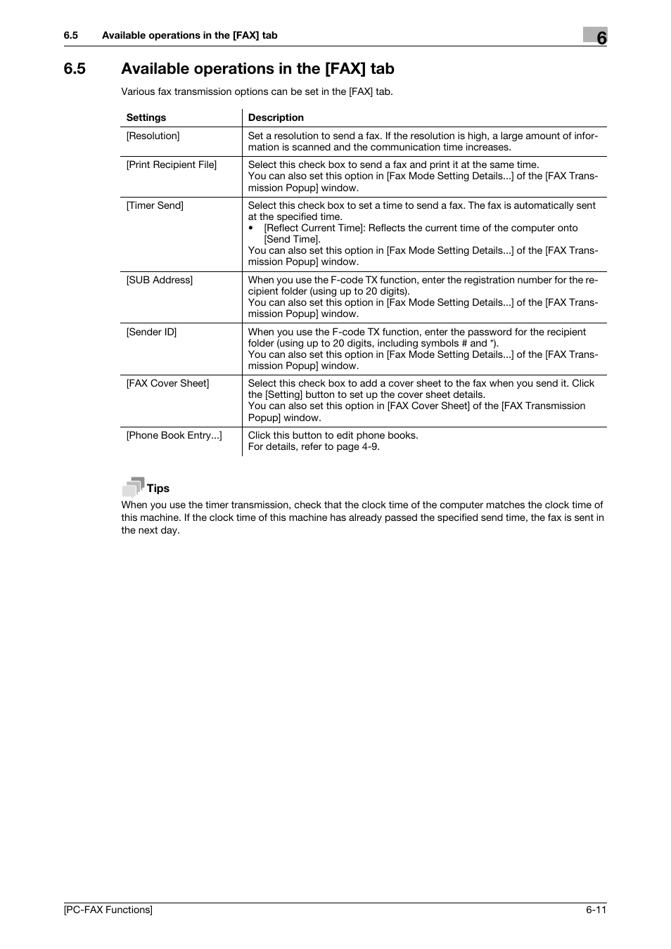 5 available operations in the [fax] tab, Available operations in the [fax] tab -11 | Konica Minolta bizhub 4050 User Manual | Page 53 / 61