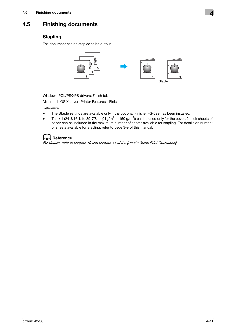 5 finishing documents, Stapling, Finishing documents -11 stapling -11 | Konica Minolta bizhub 36 User Manual | Page 109 / 182