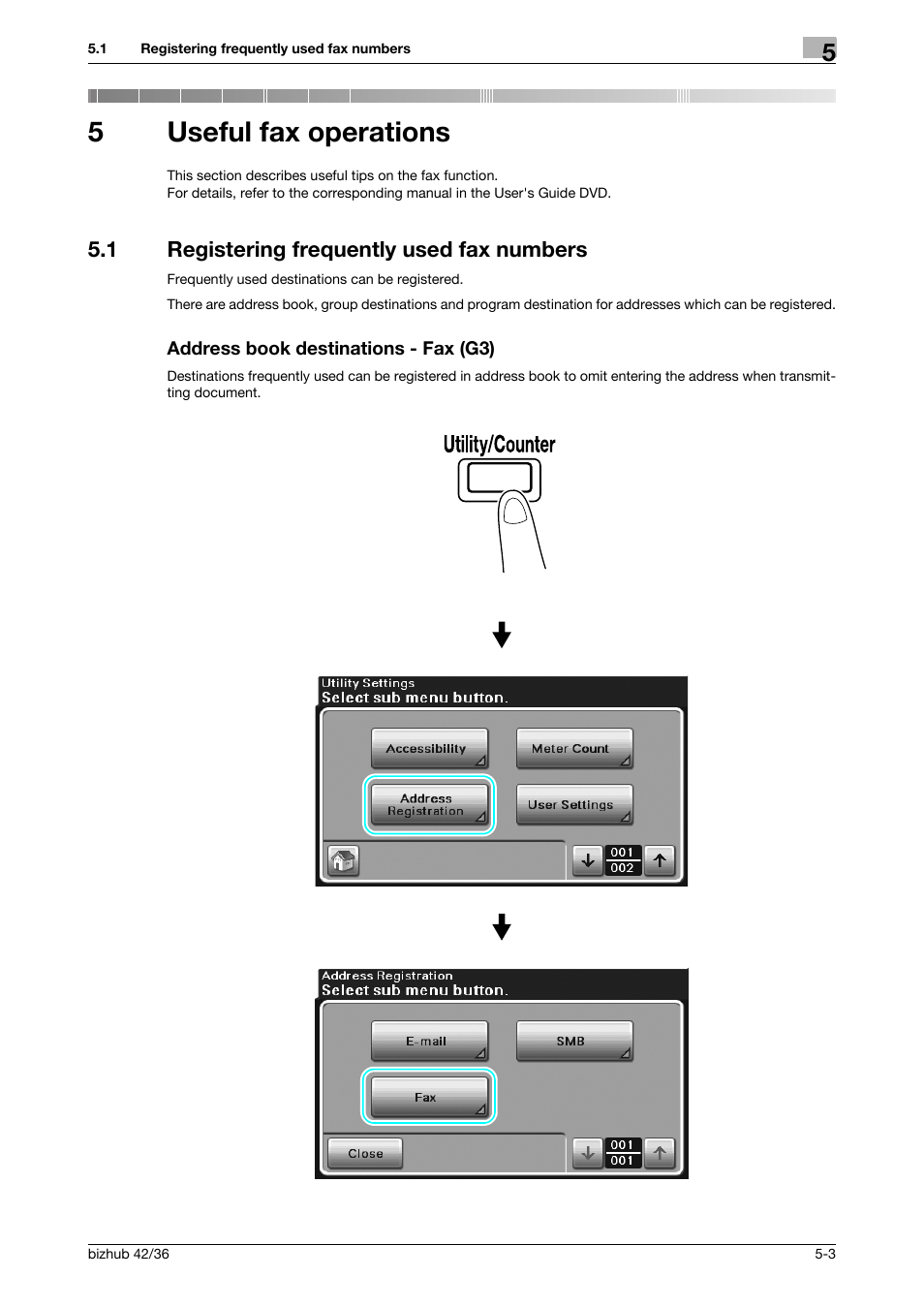 5 useful fax operations, 1 registering frequently used fax numbers, Address book destinations - fax (g3) | Useful fax operations, 5useful fax operations | Konica Minolta bizhub 36 User Manual | Page 117 / 182