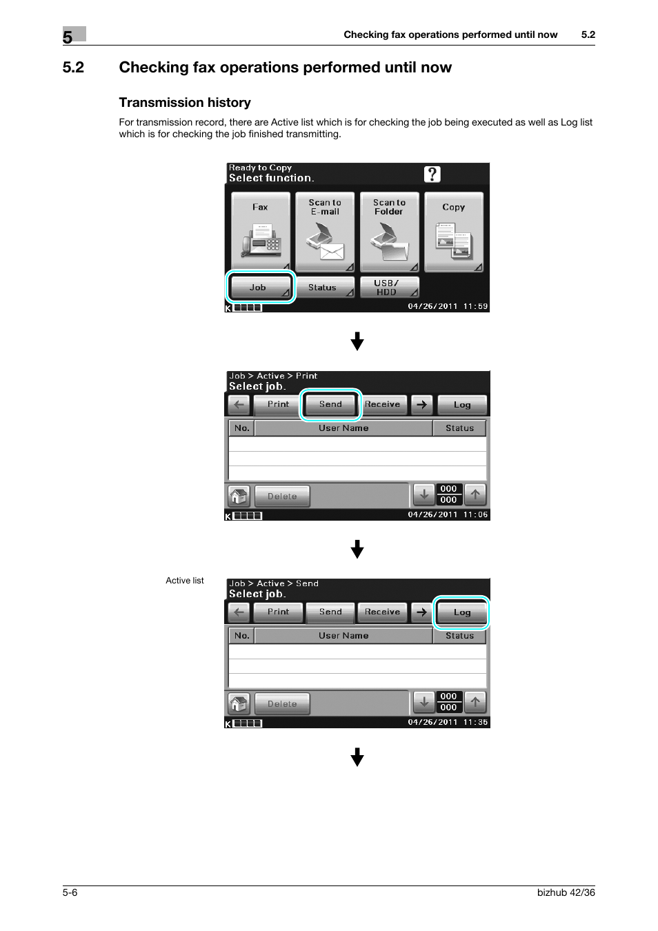 2 checking fax operations performed until now, Transmission history | Konica Minolta bizhub 36 User Manual | Page 120 / 182