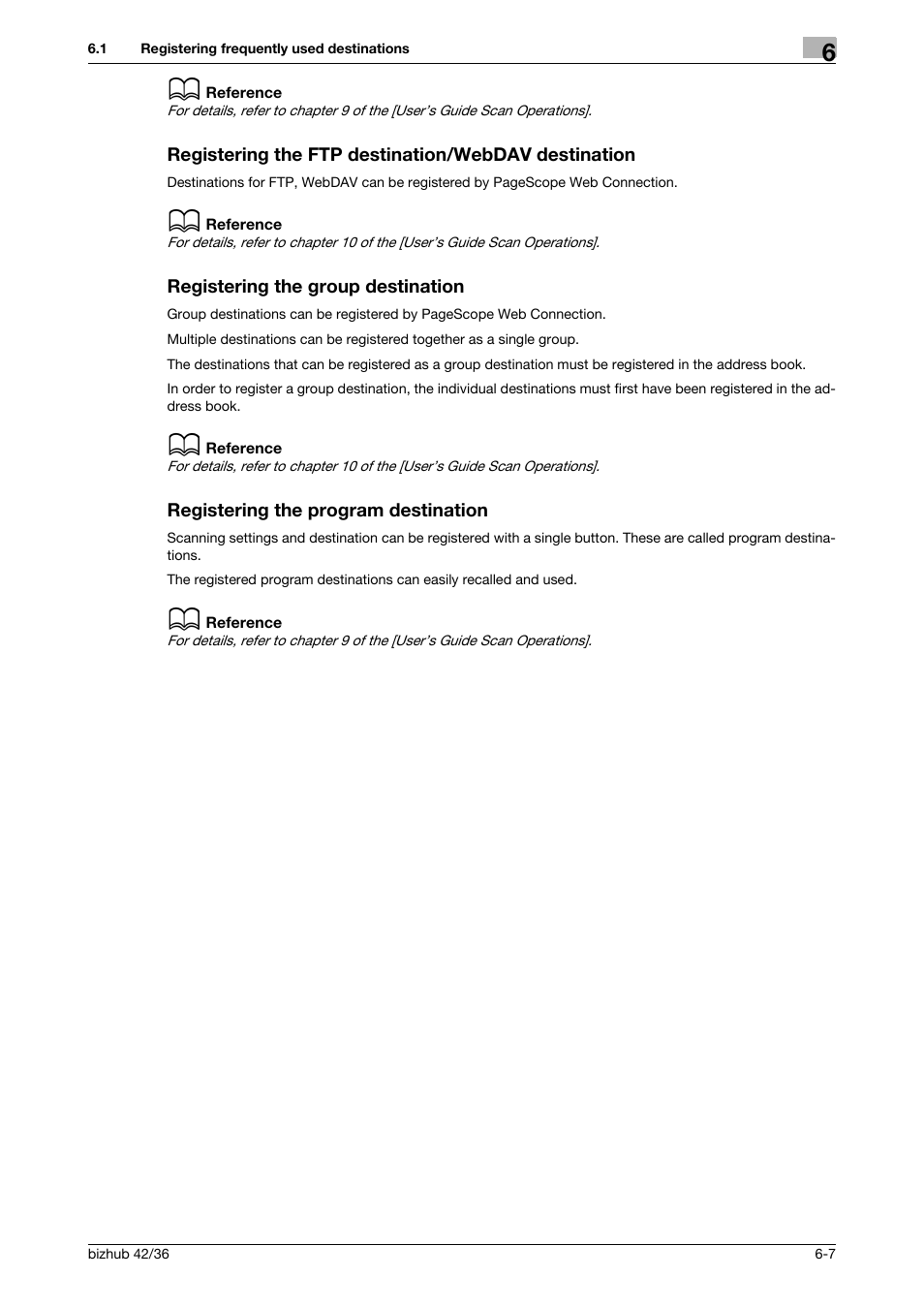 Registering the ftp destination/webdav destination, Registering the group destination, Registering the program destination | Konica Minolta bizhub 36 User Manual | Page 145 / 182