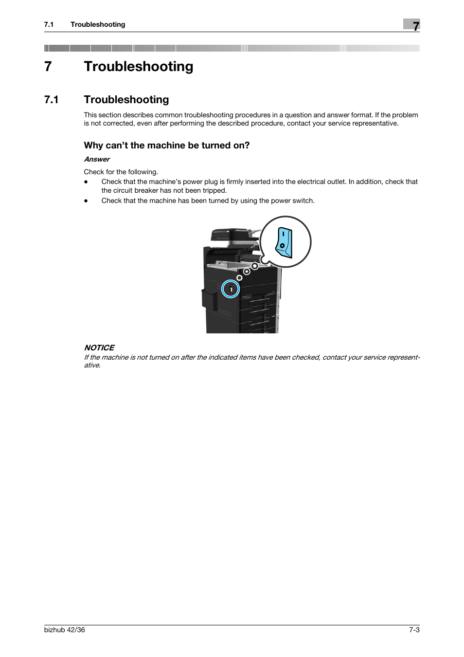 7 troubleshooting, 1 troubleshooting, Why can’t the machine be turned on | Troubleshooting, 7troubleshooting | Konica Minolta bizhub 36 User Manual | Page 165 / 182