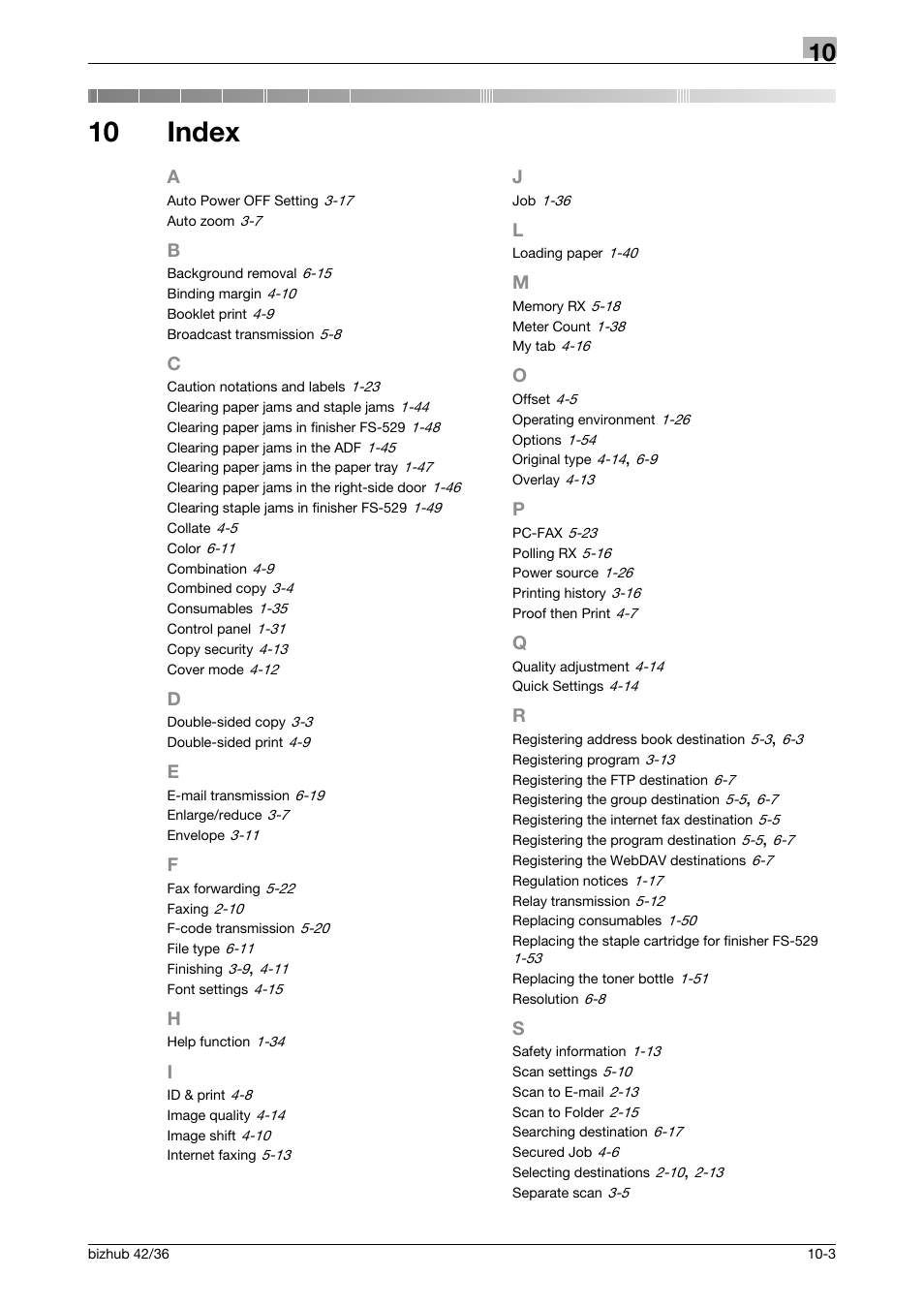 10 index, Index | Konica Minolta bizhub 36 User Manual | Page 181 / 182
