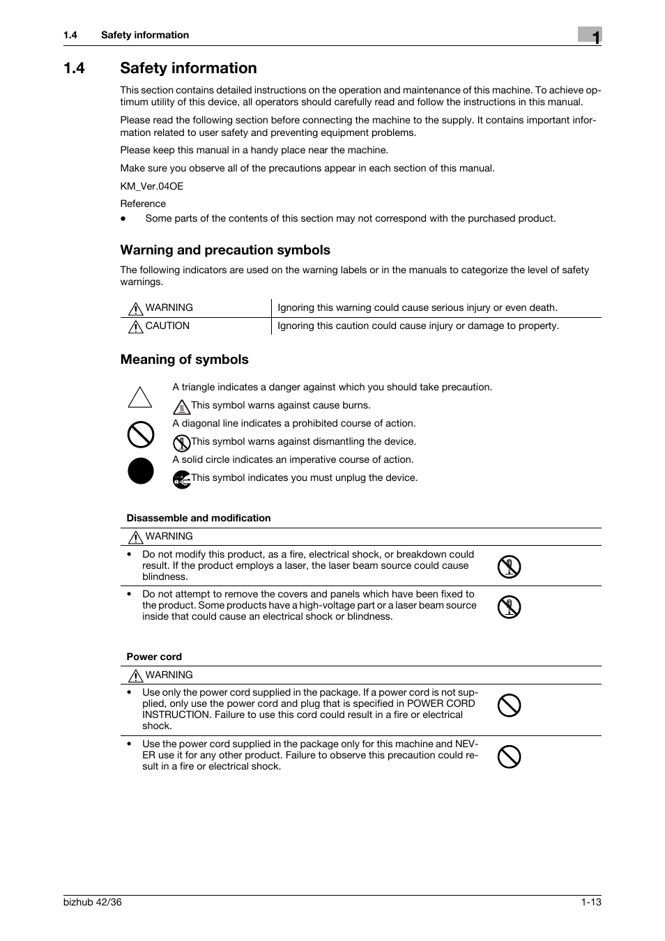 4 safety information, Warning and precaution symbols, Meaning of symbols | Konica Minolta bizhub 36 User Manual | Page 19 / 182