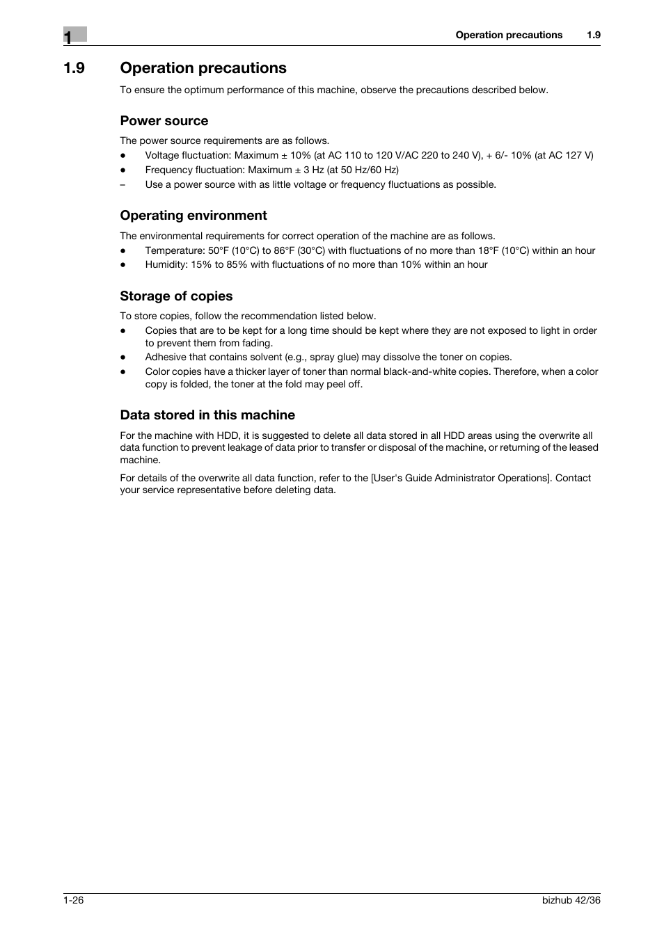 9 operation precautions, Power source, Operating environment | Storage of copies, Data stored in this machine | Konica Minolta bizhub 36 User Manual | Page 32 / 182