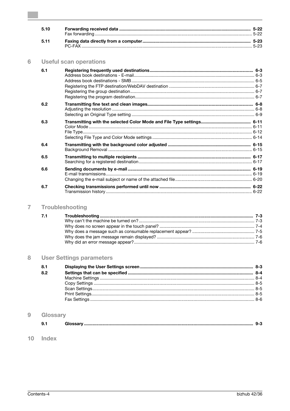 6useful scan operations, 7troubleshooting, 8user settings parameters | 9glossary, 10 index | Konica Minolta bizhub 36 User Manual | Page 6 / 182