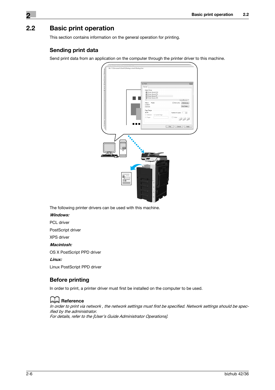 2 basic print operation, Sending print data, Before printing | Konica Minolta bizhub 36 User Manual | Page 66 / 182