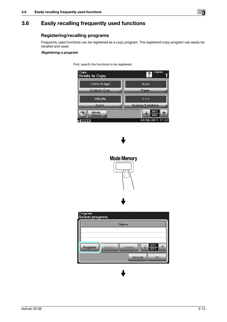 6 easily recalling frequently used functions, Registering/recalling programs | Konica Minolta bizhub 36 User Manual | Page 93 / 182