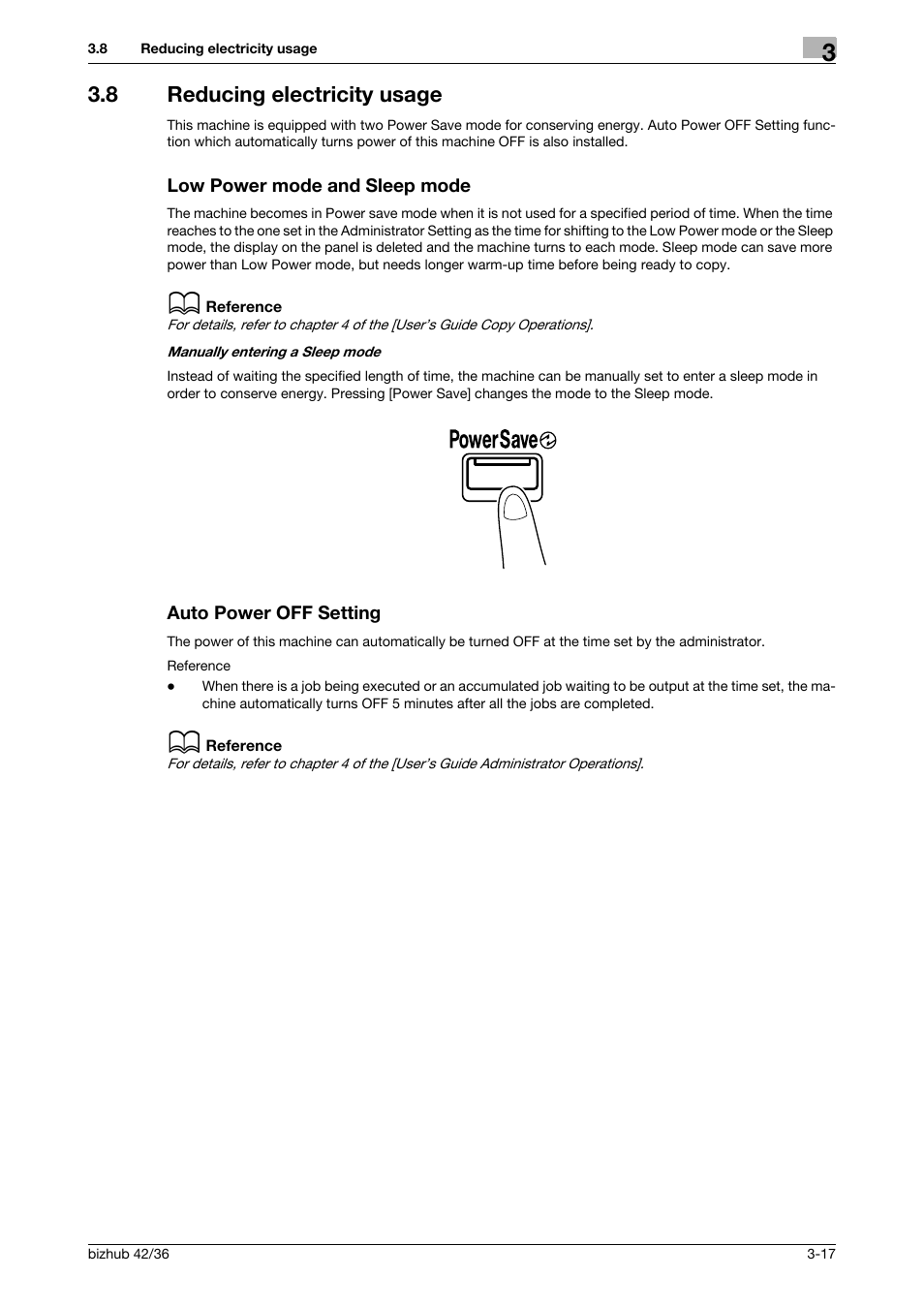 8 reducing electricity usage, Low power mode and sleep mode, Auto power off setting | Konica Minolta bizhub 36 User Manual | Page 97 / 182