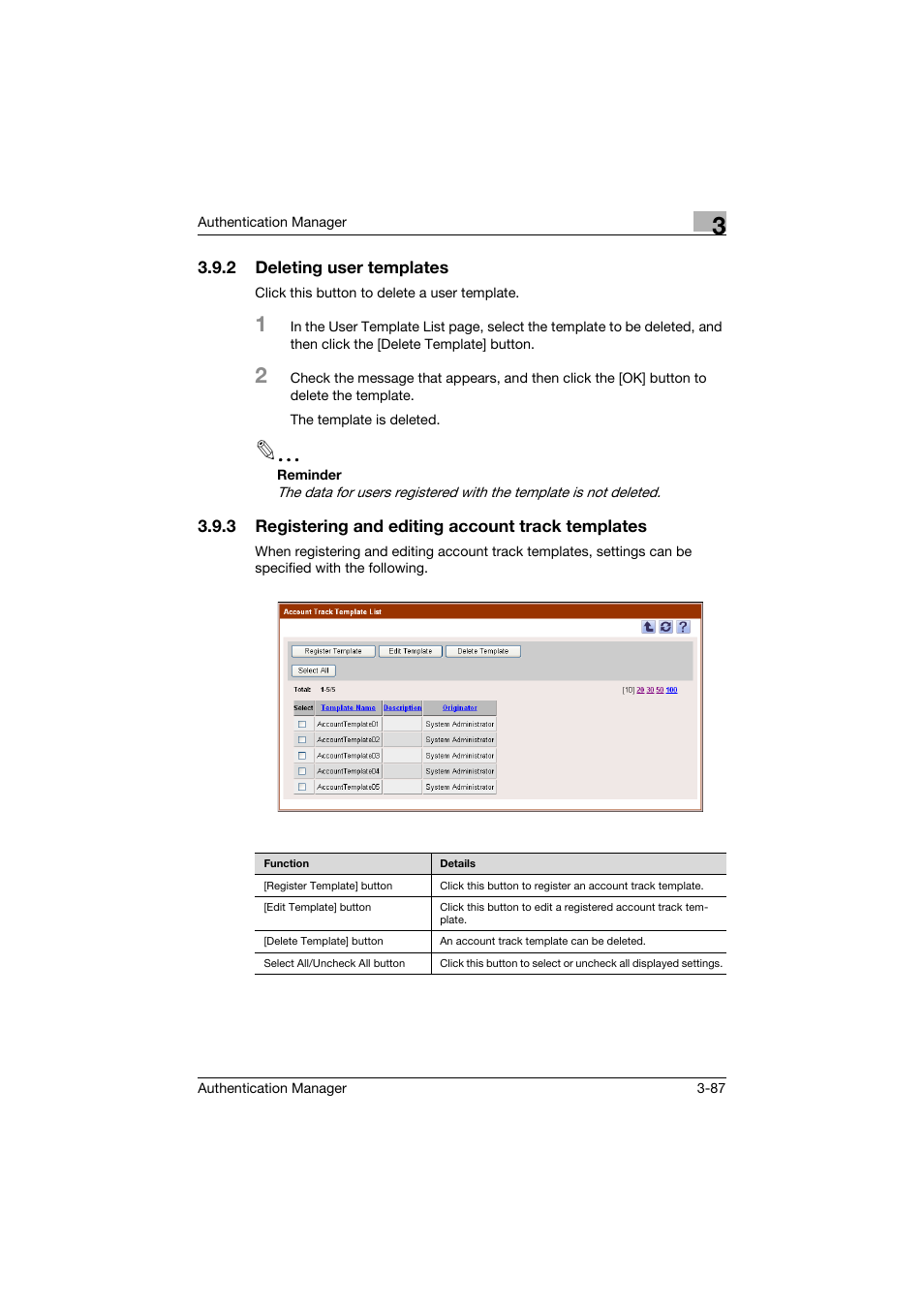 2 deleting user templates, 3 registering and editing account track templates, Deleting user templates -87 | Konica Minolta bizhub C284e User Manual | Page 104 / 189