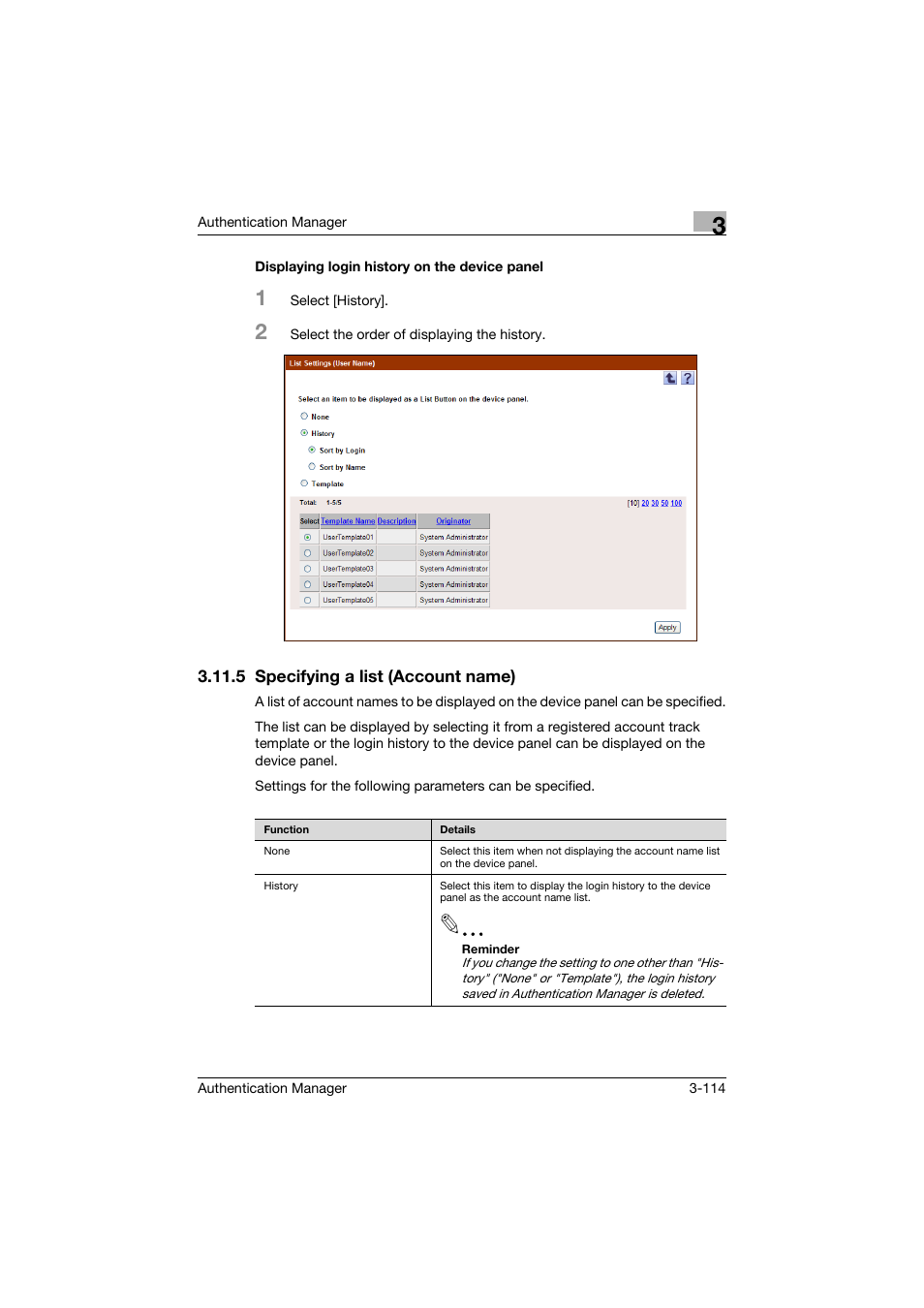Displaying login history on the device panel, 5 specifying a list (account name), Displaying login history on the device panel -114 | Specifying a list (account name) -114 | Konica Minolta bizhub C284e User Manual | Page 131 / 189