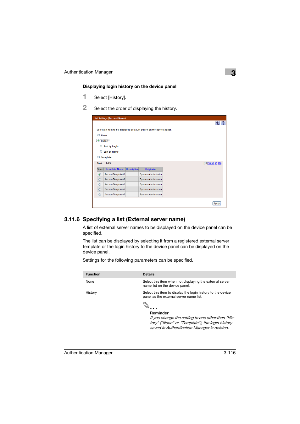 Displaying login history on the device panel, 6 specifying a list (external server name), Displaying login history on the device panel -116 | Specifying a list (external server name) -116 | Konica Minolta bizhub C284e User Manual | Page 133 / 189
