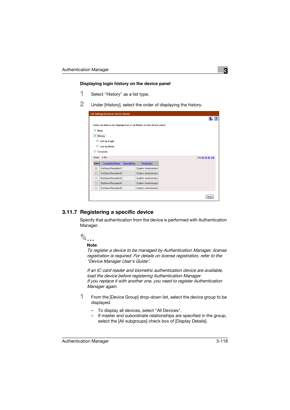 Displaying login history on the device panel, 7 registering a specific device, Displaying login history on the device panel -118 | Registering a specific device -118 | Konica Minolta bizhub C284e User Manual | Page 135 / 189