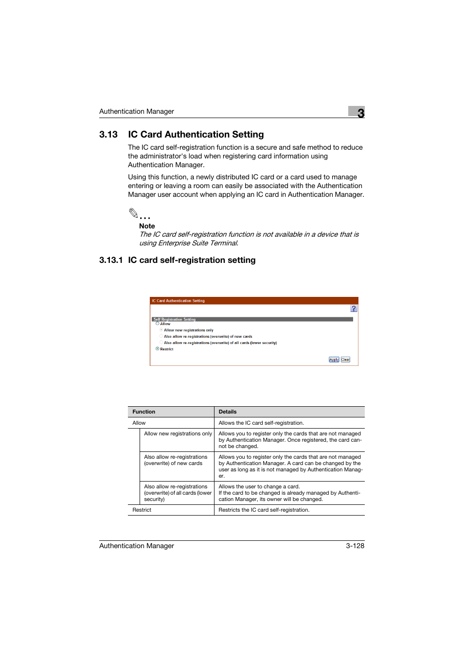 13 ic card authentication setting, 1 ic card self-registration setting, Ic card authentication setting -128 | Ic card self-registration setting -128 | Konica Minolta bizhub C284e User Manual | Page 145 / 189
