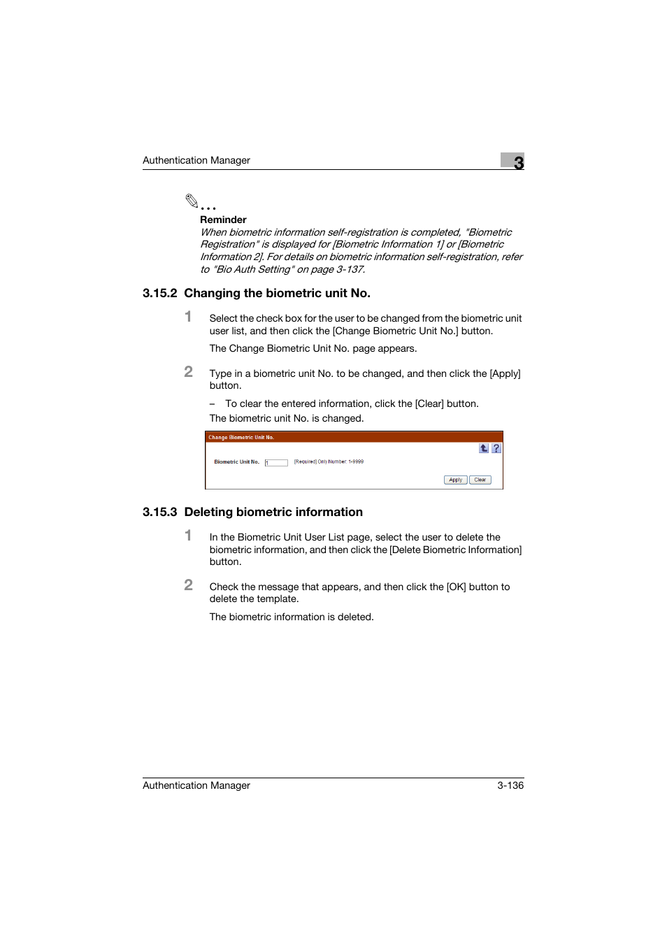 2 changing the biometric unit no, 3 deleting biometric information, Changing the biometric unit no -136 | Deleting biometric information -136 | Konica Minolta bizhub C284e User Manual | Page 153 / 189