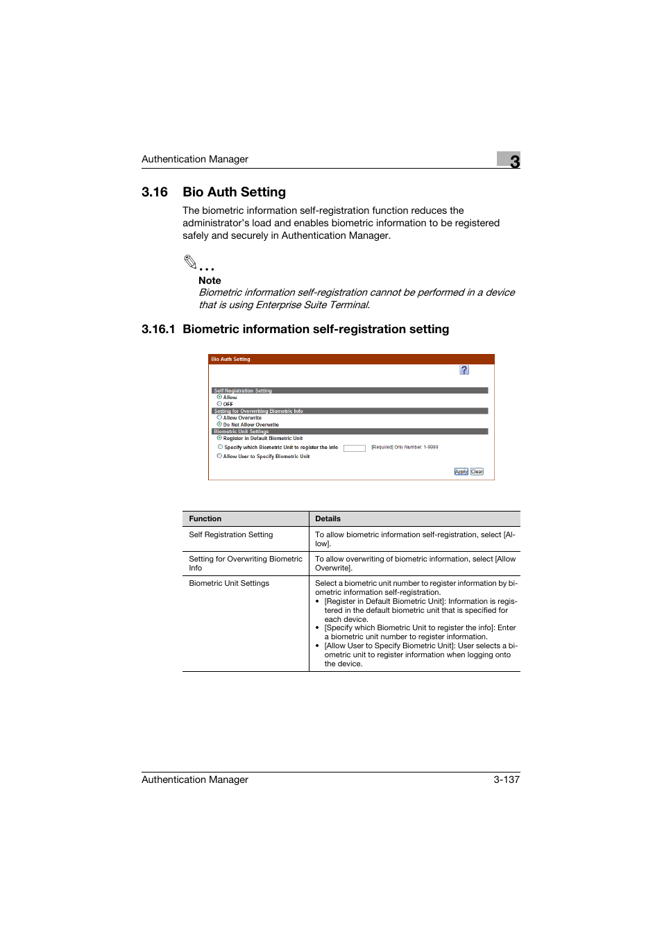 16 bio auth setting, 1 biometric information self-registration setting, Bio auth setting -137 | Konica Minolta bizhub C284e User Manual | Page 154 / 189