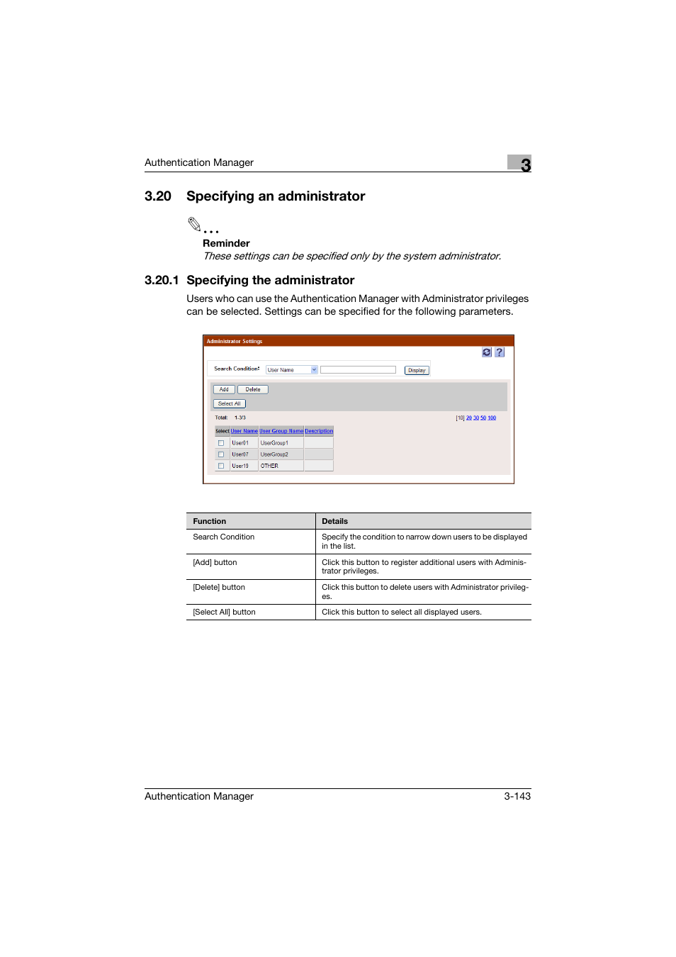 20 specifying an administrator, 1 specifying the administrator, Specifying an administrator -143 | Specifying the administrator -143 | Konica Minolta bizhub C284e User Manual | Page 160 / 189