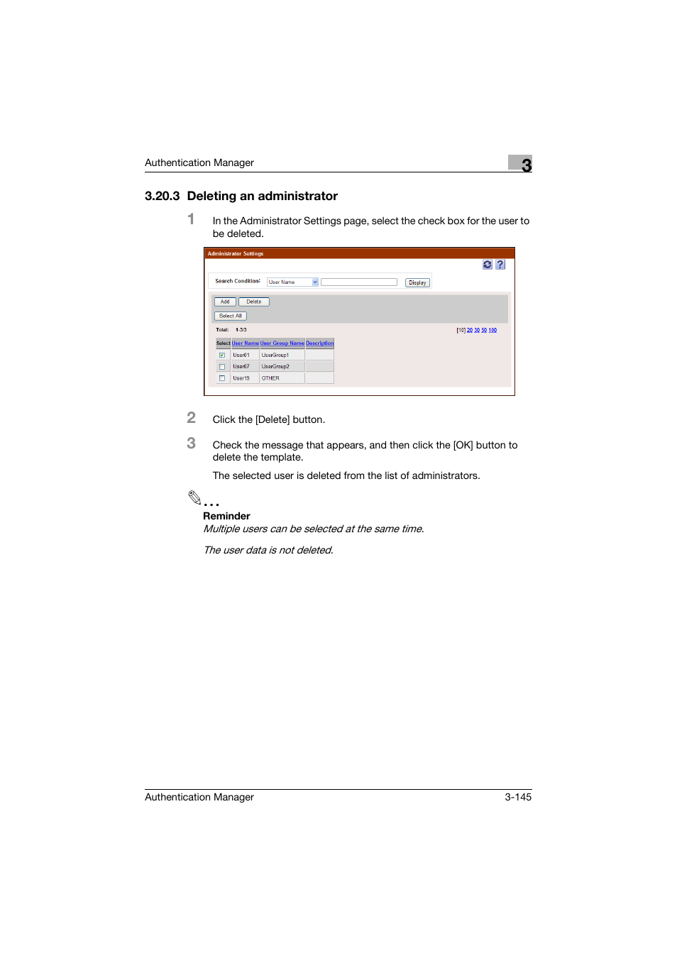 3 deleting an administrator, Deleting an administrator -145 | Konica Minolta bizhub C284e User Manual | Page 162 / 189