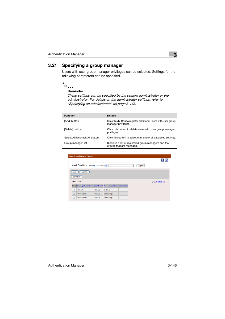 21 specifying a group manager, Specifying a group manager -146 | Konica Minolta bizhub C284e User Manual | Page 163 / 189