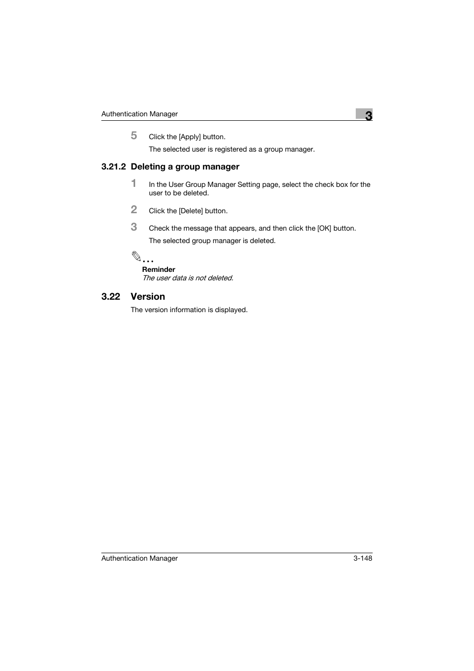 2 deleting a group manager, 22 version, Deleting a group manager -148 | Version -148 | Konica Minolta bizhub C284e User Manual | Page 165 / 189