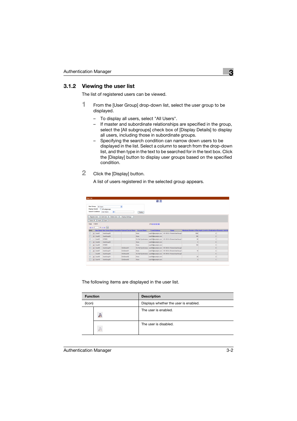 2 viewing the user list, Viewing the user list -2 | Konica Minolta bizhub C284e User Manual | Page 19 / 189