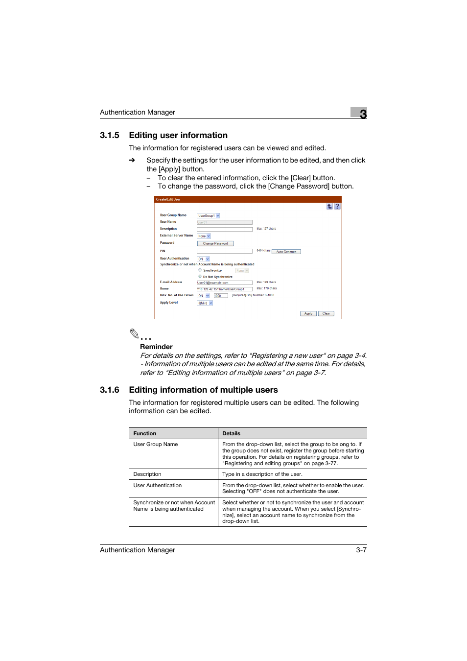 5 editing user information, 6 editing information of multiple users, Editing user information -7 | Editing information of multiple users -7 | Konica Minolta bizhub C284e User Manual | Page 24 / 189