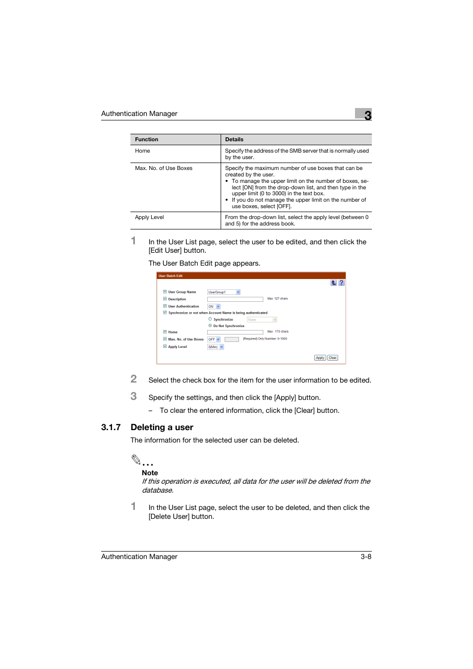 7 deleting a user, Deleting a user -8 | Konica Minolta bizhub C284e User Manual | Page 25 / 189