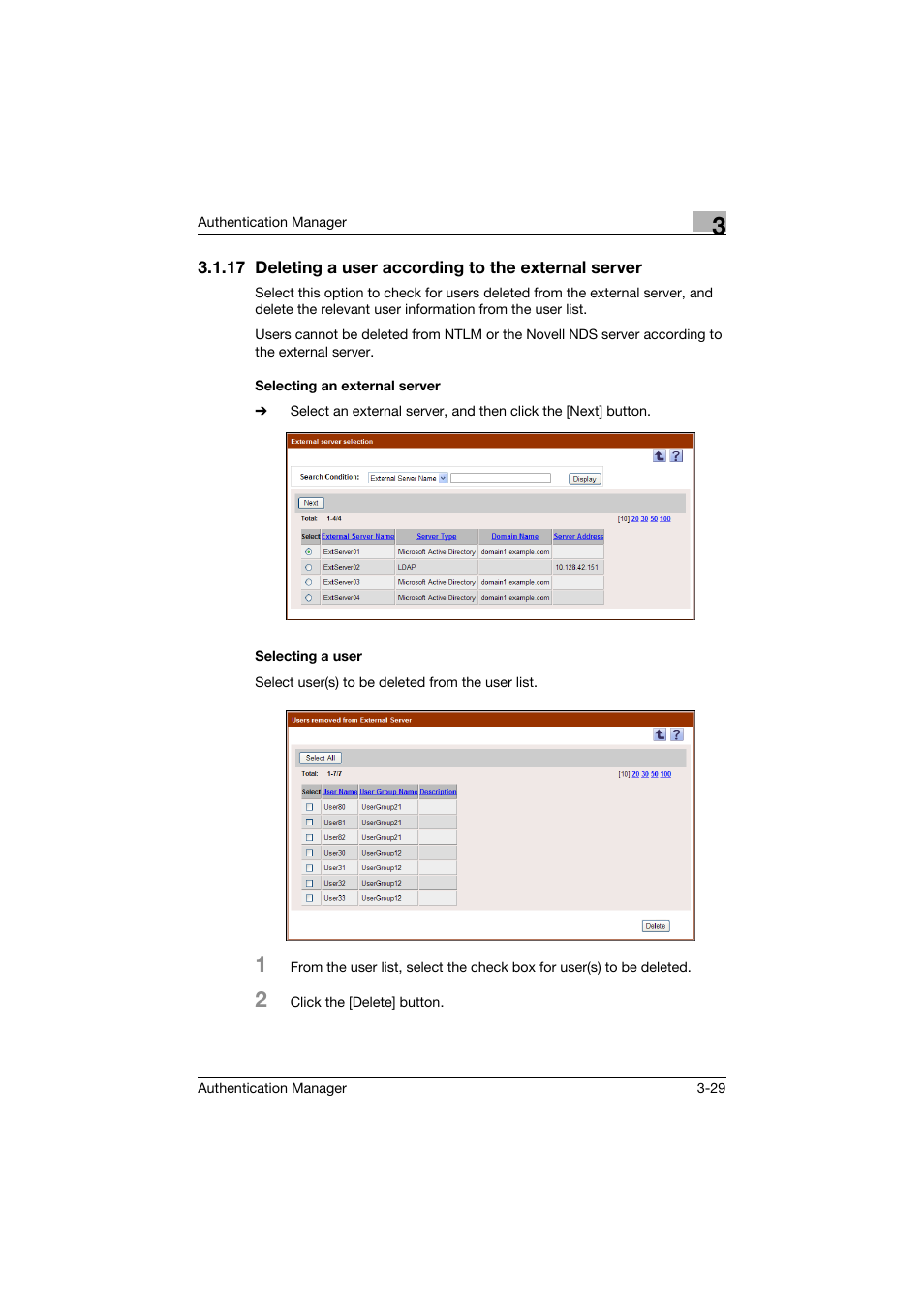 Selecting an external server, Selecting a user | Konica Minolta bizhub C284e User Manual | Page 46 / 189