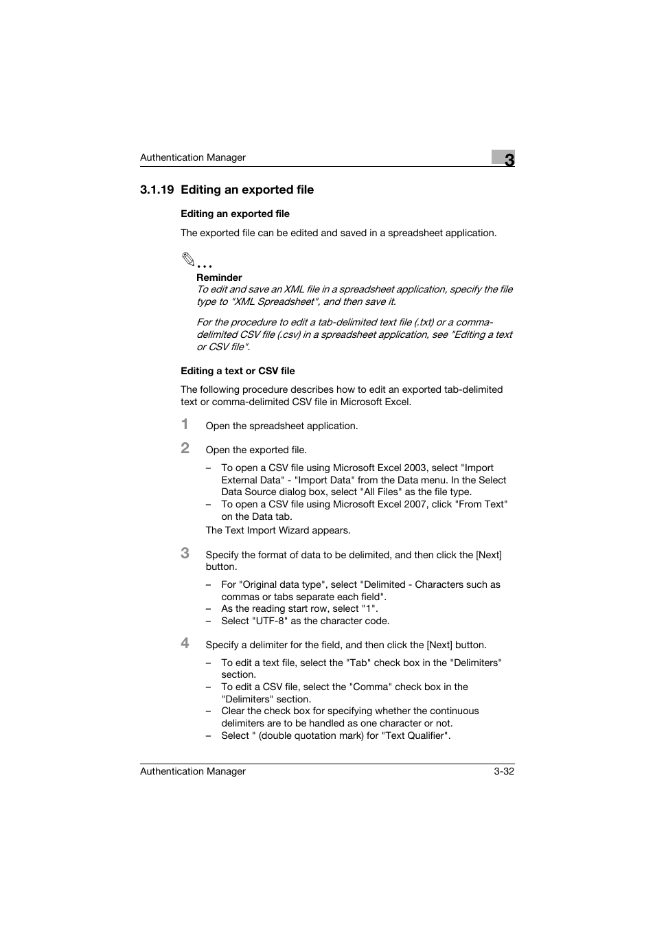 19 editing an exported file, Editing an exported file, Editing a text or csv file | Konica Minolta bizhub C284e User Manual | Page 49 / 189